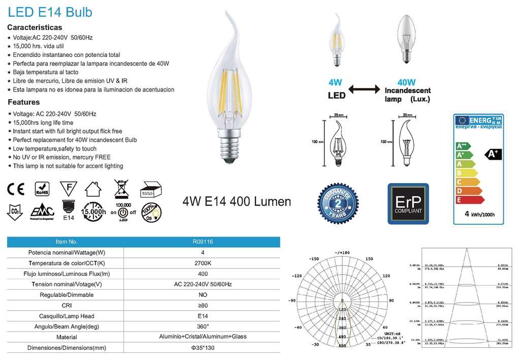 BOX 10PZ Lampadina fiamma Led E14 4W 2700K - immagine 4