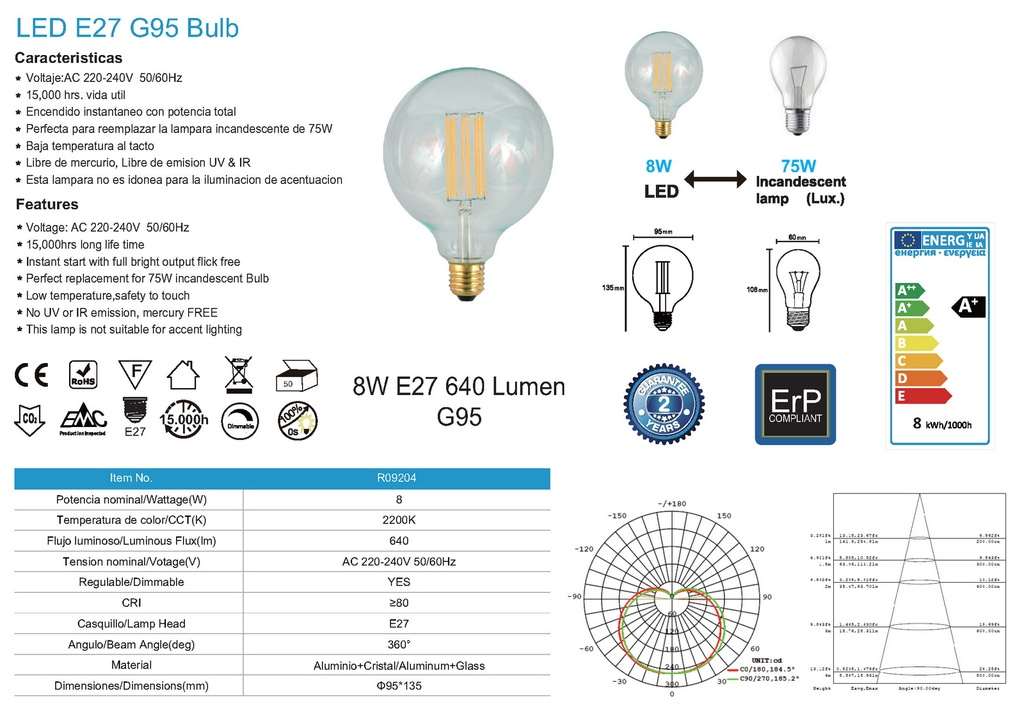 BOX 10PZ Lampadina G95 Led E27 8W 2200k dimmer - immagine 4