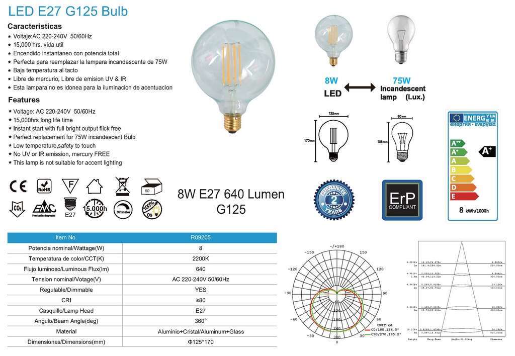 BOX 10PZ Lampadina G125 Led E27 8W 2200k dimmer - immagine 4