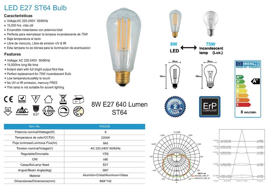 BOX 10PZ Lampadina ST64 Led E27 8W 2200k dimmer - immagine 3