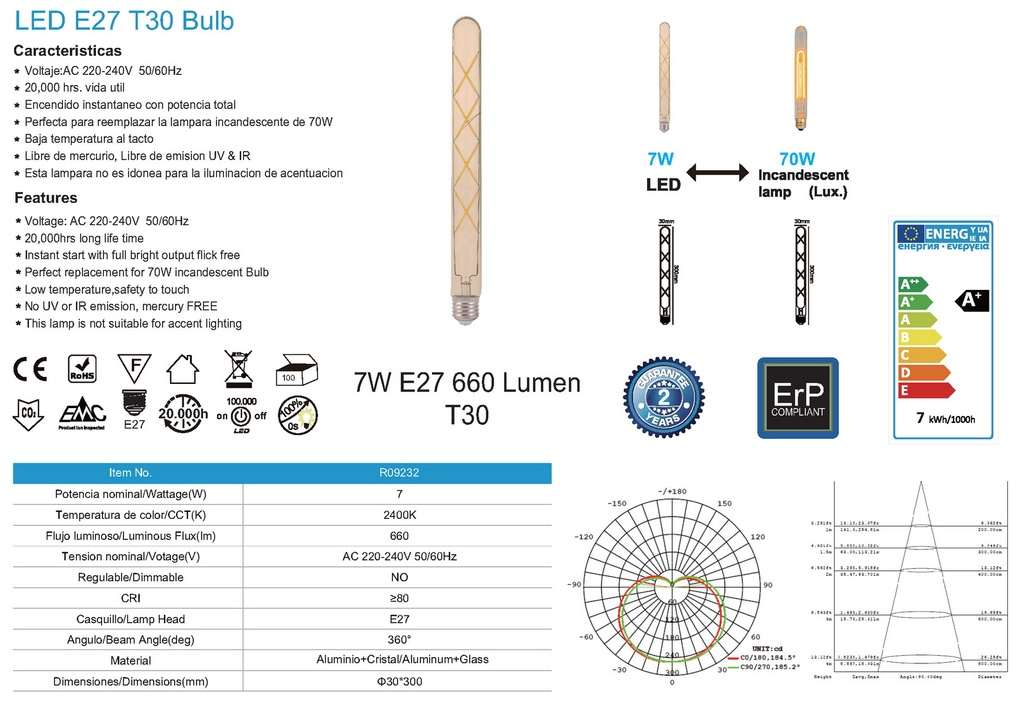 BOX 10PZ Lampadina T30 Led E27 7W 2400k - immagine 4